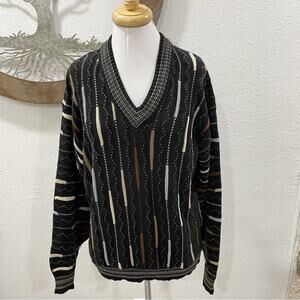 NWT Vintage Alan Stuart V Neck 3D Textured Sweater Deadstock Black Brown Medium